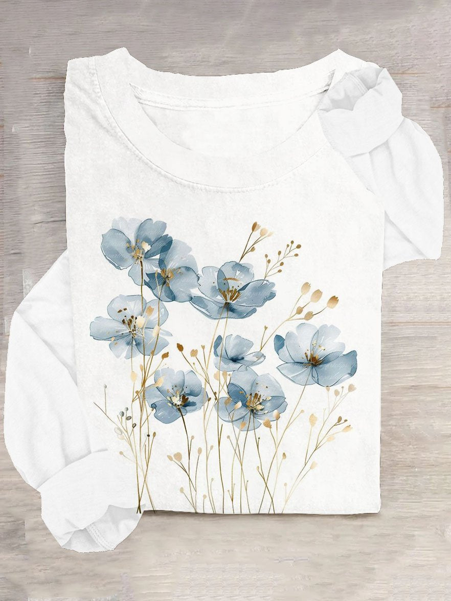 Casual Long Sleeve Crew Neck Floral Loose Regular T-Shirt
