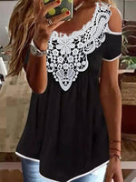 Lace Collar Short Sleeve Plain Casual Mid-Long Blouse