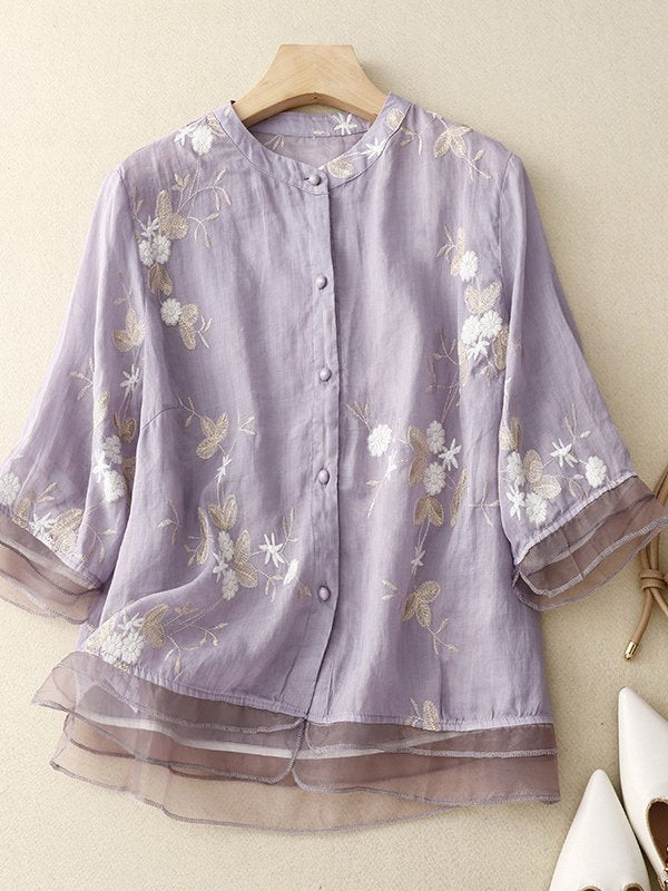 Casual Half Sleeve Stand Collar Embroidery Patterns Loose Regular Shirt