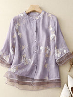 Casual Half Sleeve Stand Collar Embroidery Patterns Loose Regular Shirt