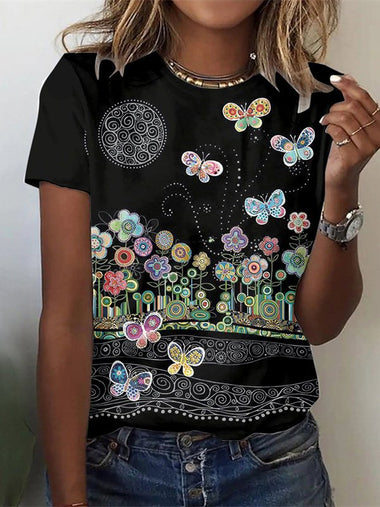 Casual Short Sleeve Crew Neck Floral Loose Regular T-Shirt