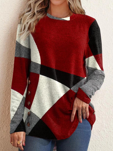 Casual Three Quarter Sleeve Crew Neck Plaid Loose Regular Blouse