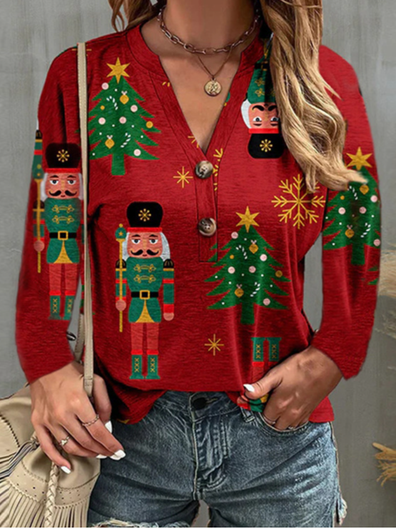 Loose Long Sleeve Crew Neck Christmas Casual Regular T-Shirt
