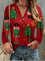 Loose Long Sleeve Crew Neck Christmas Casual Regular T-Shirt
