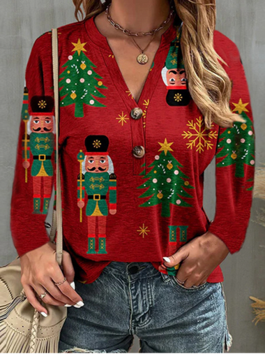 Loose Long Sleeve Crew Neck Christmas Casual Regular T-Shirt