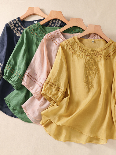 Casual Short Sleeve Shirt Collar Plain Embroidery Loose Regular Blouse