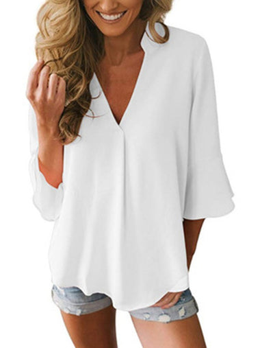 Casual Short Sleeve V Neck Plain Regular Blouse