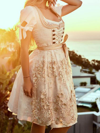 Vacation Short Sleeve Square Neck Floral Pattern Lace-Up Midi Dress