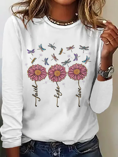 Casual Long Sleeve Crew Neck Floral Dragonfly Loose Regular T-Shirt