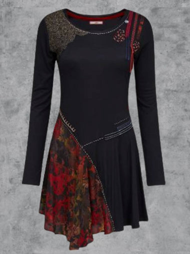 Plus Size Vintage Long Sleeve Crew Neck Short Dress