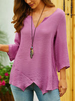Linen Long Sleeve Notched Plain Asymmetric Loose Mid-Long Blouse