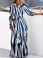 Casual Long Sleeve Striped Lace Maxi Dress