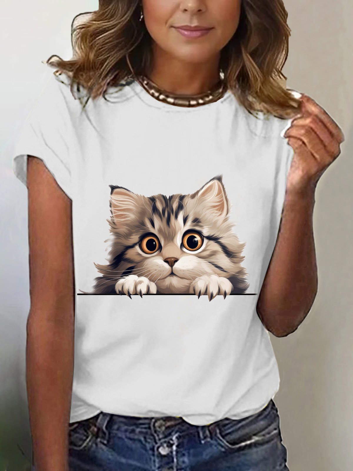 Loose Short Sleeve Crew Neck Cat Casual Regular T-Shirt