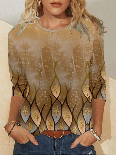 Loose Long Sleeve Crew Neck Abstract Casual Regular T-Shirt