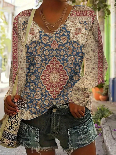 Casual Long Sleeve V Neck Nationality Loose Regular T-Shirt