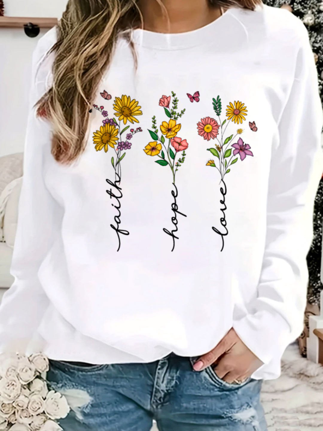 Casual Long Sleeve Crew Neck Floral Text Letters Loose Regular Sweatshirt