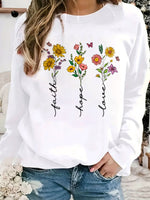 Casual Long Sleeve Crew Neck Floral Text Letters Loose Regular Sweatshirt