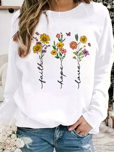 Casual Long Sleeve Crew Neck Floral Text Letters Loose Regular Sweatshirt