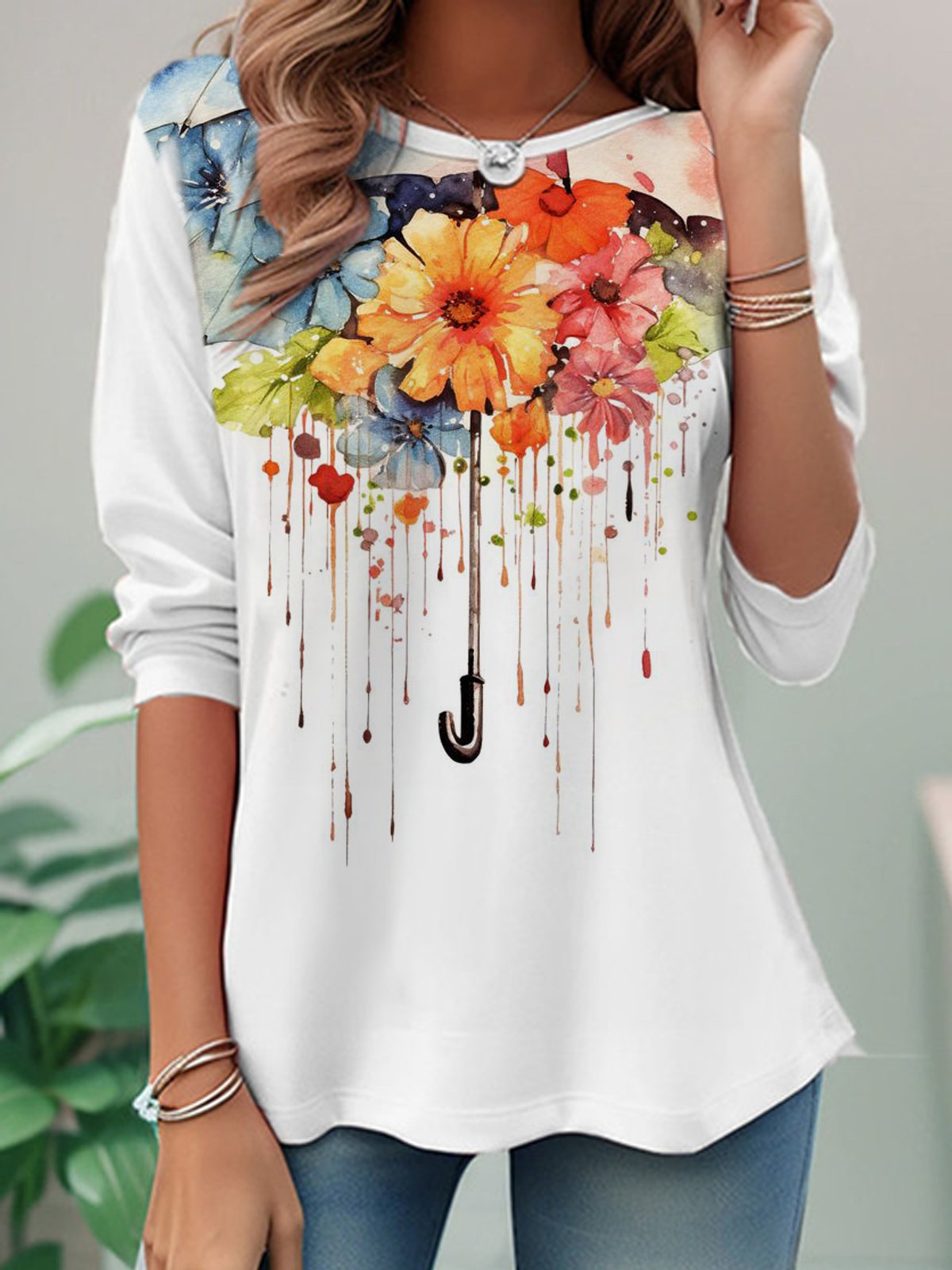 Loose Long Sleeve Crew Neck Floral Casual Regular T-Shirt
