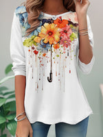 Loose Long Sleeve Crew Neck Floral Casual Regular T-Shirt