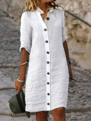 Casual Three Quarter Sleeve Stand Collar Plain Loose Short Dress
