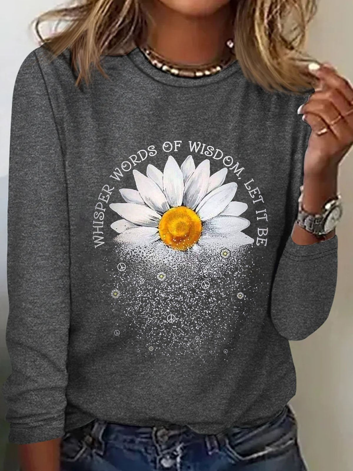 Casual Long Sleeve Crew Neck Daisy Loose Regular T-Shirt