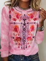 Loose Long Sleeve Crew Neck Floral Casual Regular T-Shirt