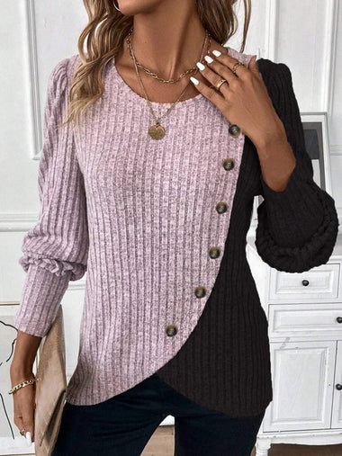 Casual Long Sleeve Crew Neck Color Block Loose Regular Blouse