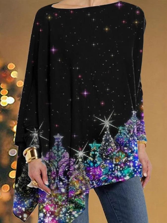 Loose Long Sleeve Crew Neck Ethnic Floral Casual Mid-Long Blouse