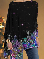 Loose Long Sleeve Crew Neck Ethnic Floral Casual Mid-Long Blouse