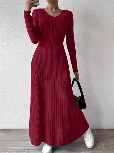Casual Long Sleeve Crew Neck Plain Maxi Dress