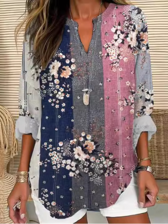Casual Long Sleeve Notched Floral Loose Regular Blouse