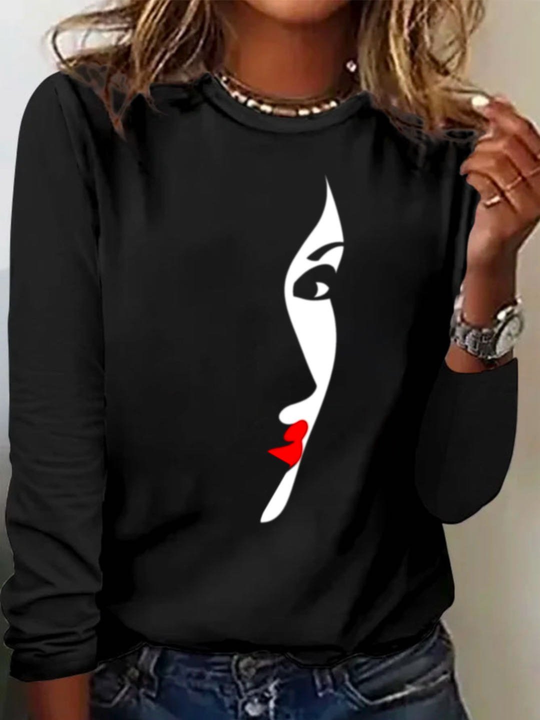Loose Long Sleeve Crew Neck Figure Casual Regular T-Shirt