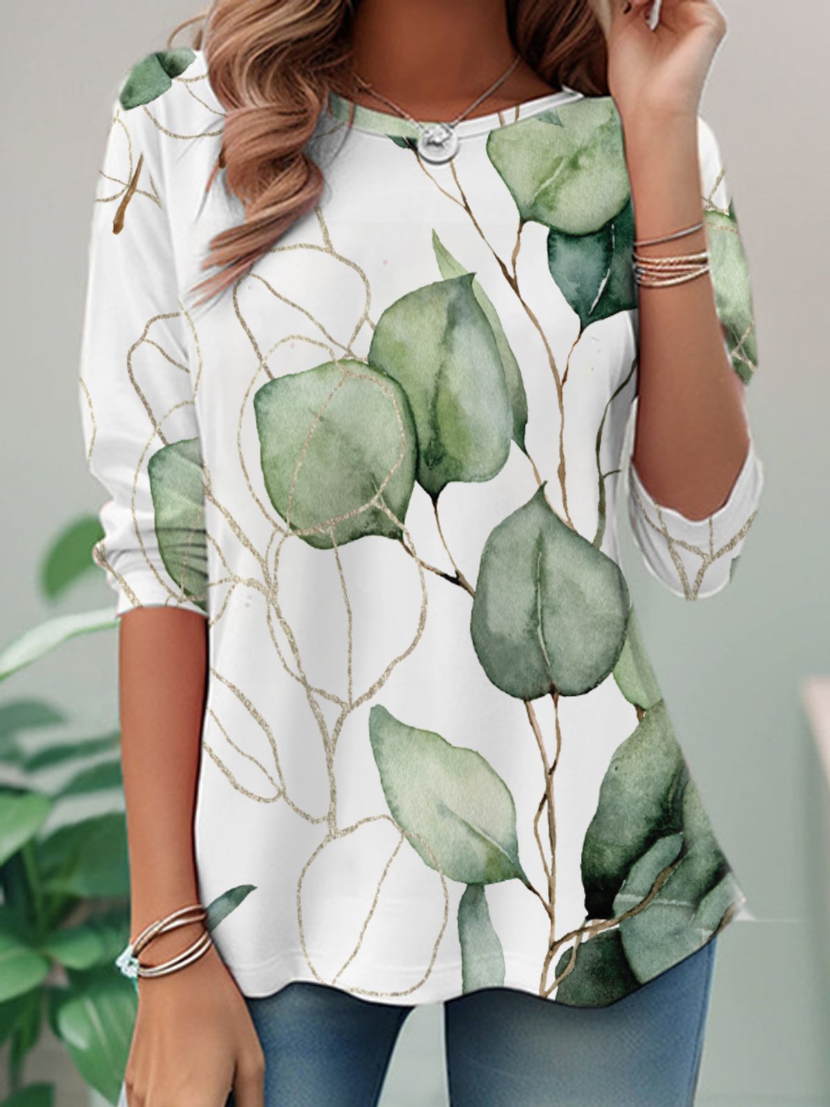 Casual Long Sleeve Crew Neck Leaf Loose Regular T-Shirt