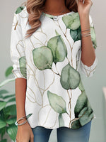 Casual Long Sleeve Crew Neck Leaf Loose Regular T-Shirt