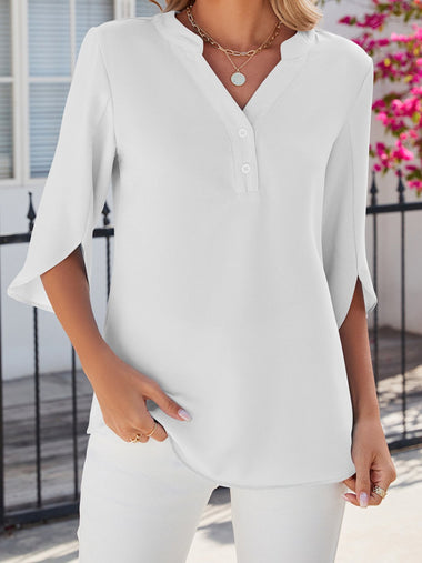 Casual Half Sleeve V Neck Plain Loose Regular Blouse