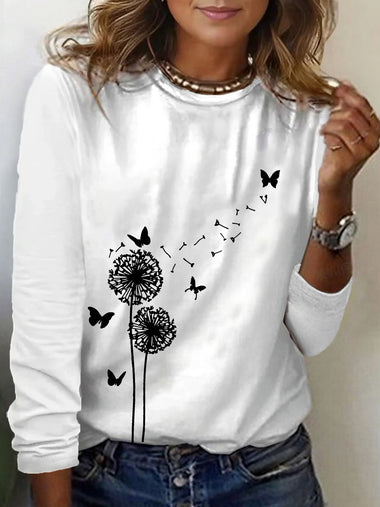 Loose Long Sleeve Crew Neck Dandelion Casual Regular T-Shirt