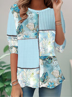 Loose Long Sleeve Crew Neck Color Block Floral Casual Regular T-Shirt