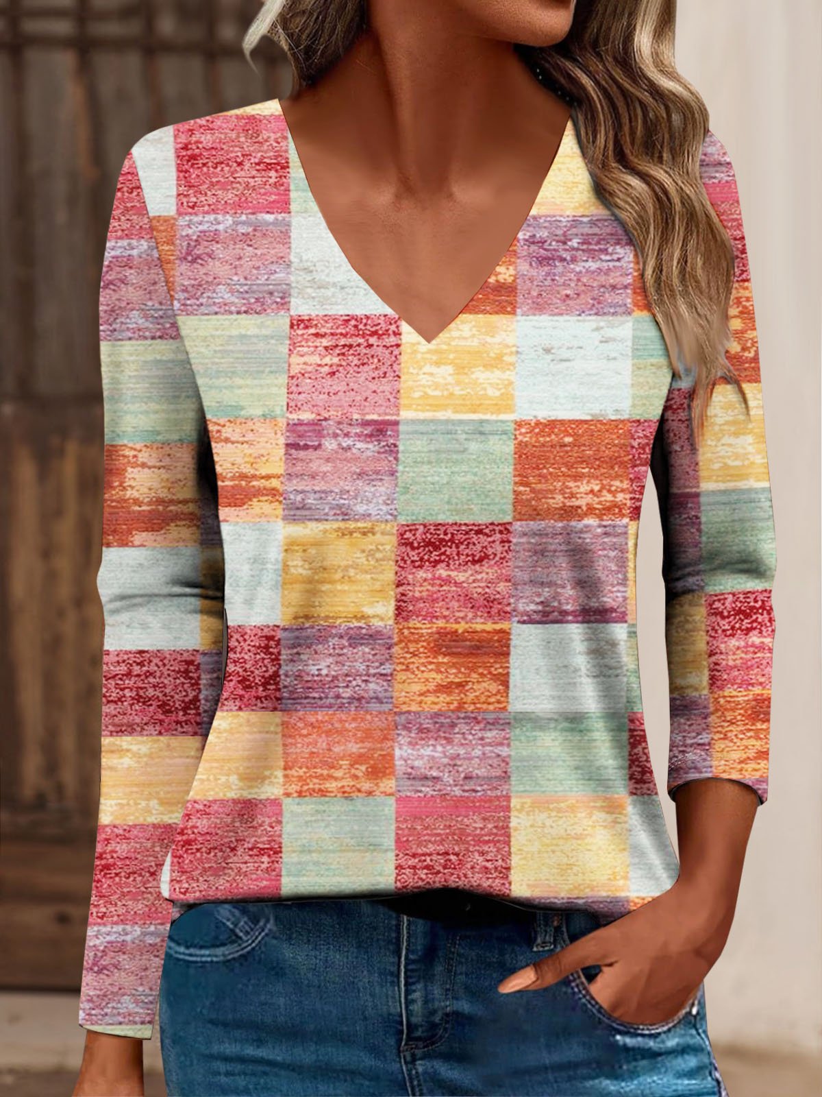 Casual Long Sleeve V Neck Plaid Loose Regular T-Shirt