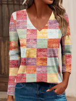 Casual Long Sleeve V Neck Plaid Loose Regular T-Shirt