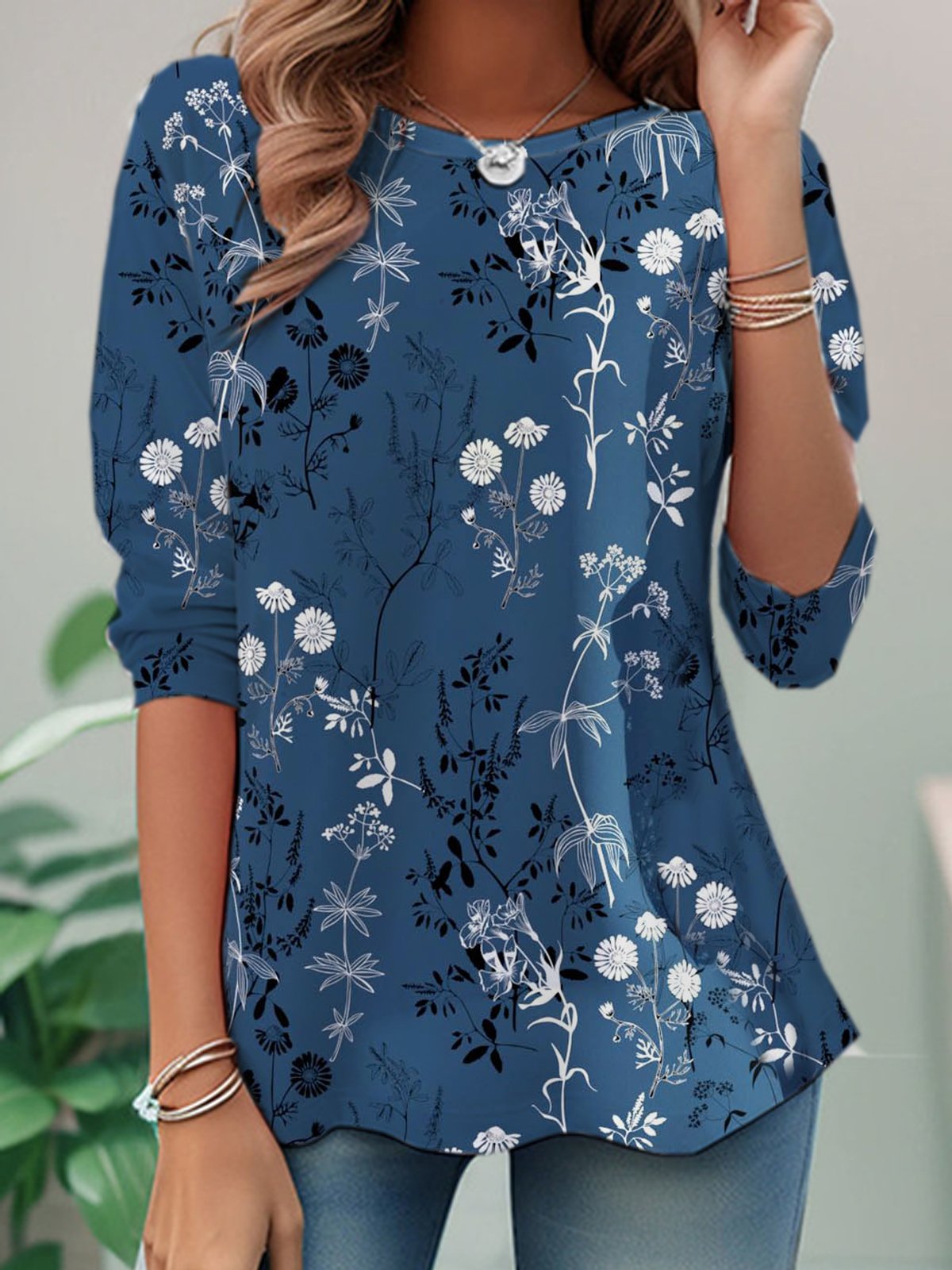 Loose Long Sleeve Crew Neck Floral Casual Regular T-Shirt