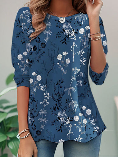 Loose Long Sleeve Crew Neck Floral Casual Regular T-Shirt