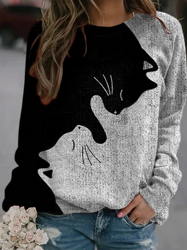Casual Long Sleeve Crew Neck Cat Loose Regular Sweatshirt