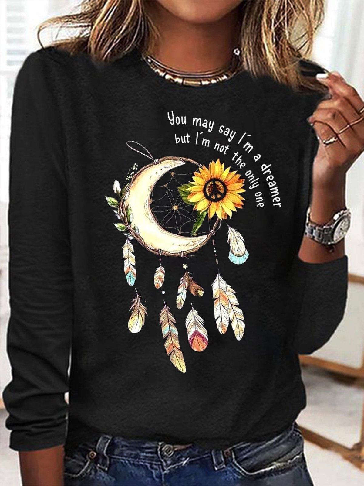 Casual Long Sleeve Crew Neck Floral Loose Regular T-Shirt