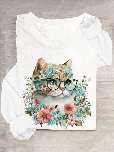 Loose Long Sleeve Crew Neck Floral Cat Casual Regular T-Shirt