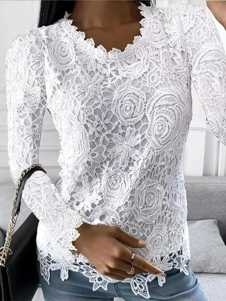 Long Sleeve Crew Neck Plain Casual Regular Blouse
