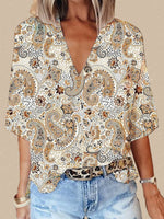 Loose Three Quarter Sleeve V Neck Paisley Casual Regular T-Shirt