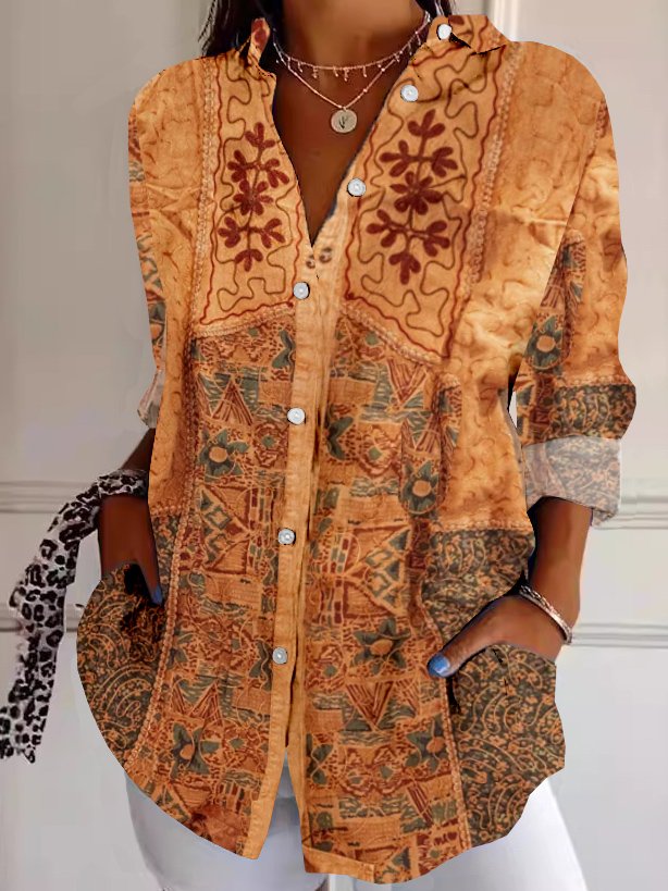 Boho Long Sleeve Shirt Collar Ethnic Loose Regular Shirt