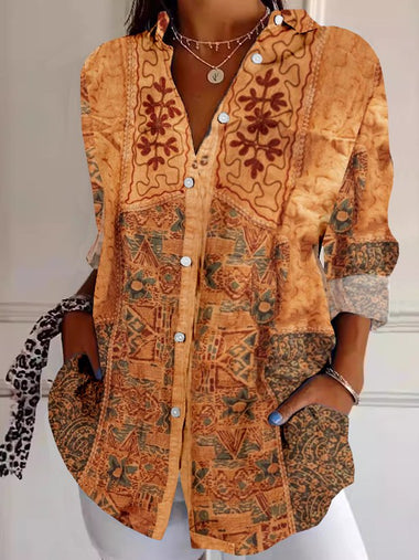 Boho Long Sleeve Shirt Collar Ethnic Loose Regular Shirt
