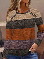 Casual Long Sleeve Crew Neck Color Block Loose Regular T-Shirt